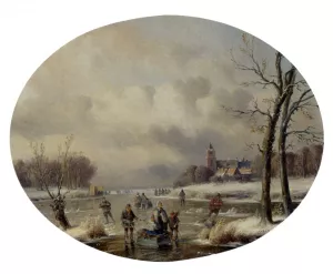Skaters On A Frozen Waterway, A 'Koek En Zopie' In The Distance by Carl Eduard Ahrendts Oil Painting