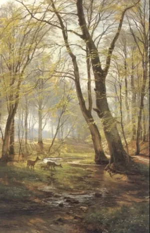 A Woodland Scene With Deer by Carl Frederic Aagaard Oil Painting