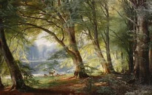 Deer Beside a Lake also known as The Deer Park by Carl Frederic Aagaard Oil Painting