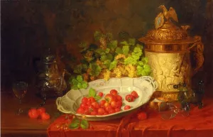 Strawberries, Grapes and an Ornamental Jug on a Draped Table by Carl Thoma-Hofele Oil Painting