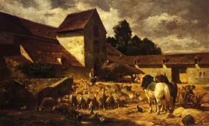 A Farmyard by Charles Emile Jacque Oil Painting