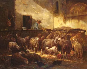 A Flock Of Sheep In A Barn by Charles Emile Jacque Oil Painting