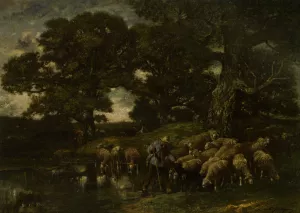 A Shepherd and His Flock by a Pond by Charles Emile Jacque Oil Painting