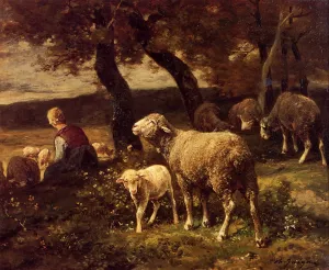 Shepherdess and Sheep by Charles Emile Jacque Oil Painting