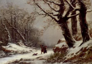 Travellers in Winter Woodland by Charles Joseph Lecointe Oil Painting