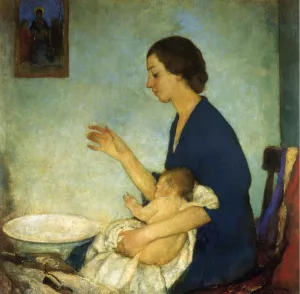 The Bath - Portrait of Emelyn Nickerson with Baby by Charles W. Hawthorne Oil Painting