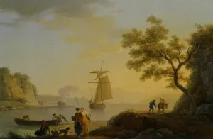 An Extensive Coastal Landscape with Fishermen Unloading their Boats by Claude-Joseph Vernet Oil Painting