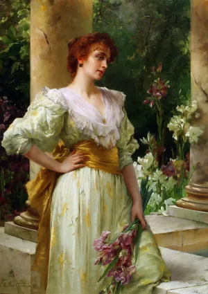 Woman in White Holding Irises by Conrad Kiesel Oil Painting
