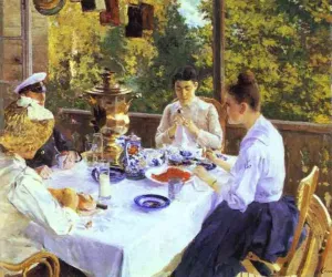 At a Tea Table by Constantin Alexeevich Korovin Oil Painting