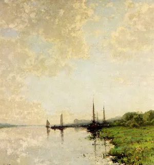 A Summer Landscape with Boats on a Waterway by Cornelis Kuypers Oil Painting