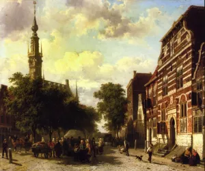 A Busy Market in Veere with the Clocktower of the Town Hall Beyond Oil painting by Cornelis Springer