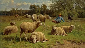 A Shepherd and His Dog Guarding a Flock of Sheep by Cornelis Van Leemputten Oil Painting