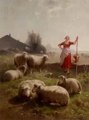 A Shepherdess And Her Flock by Cornelis Van Leemputten Oil Painting