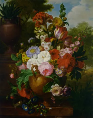 A Flower Still Life with Roses Tulips Peonies and other Flowers in a Vase Oil painting by Cornelis Van Spaendonck