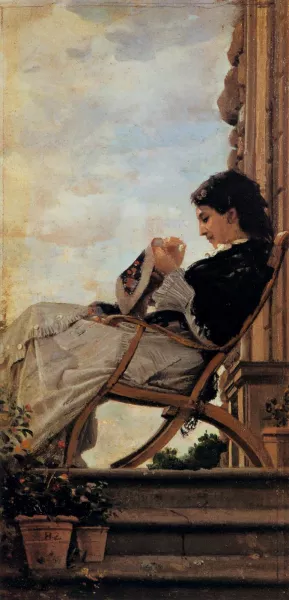 Woman Sewing on the Terrace by Cristiano Banti Oil Painting