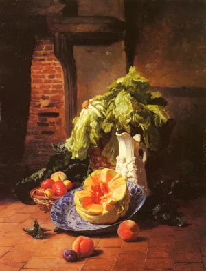 A Still Life With A White Porcelain Pitcher, Fruit And Vegetables by David Emile Joseph De Noter Oil Painting