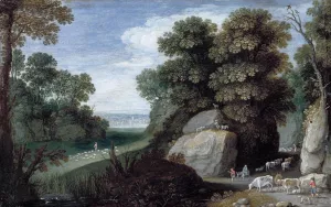 Rocky Pastoral Landscape by David Ryckaert The Younger Oil Painting