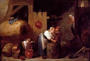An Interior Scene With A Young Woman Scrubbing Pots While An Old Man Makes Advances by David Teniers The Younger Oil Painting