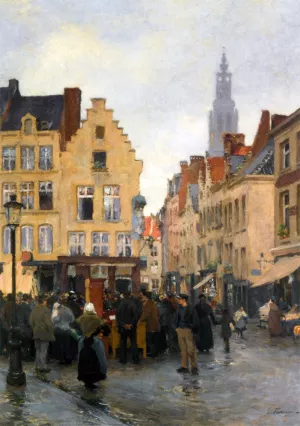 A Busy Market In Antwerp Oil painting by Edgard Farasyn