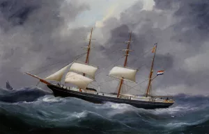 A Three Master at Sea by Edouard Adam Oil Painting
