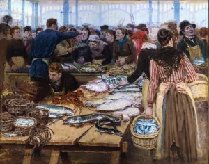 Fish Auction at Les Halles by Edouard-Jean Dambourgez Oil Painting