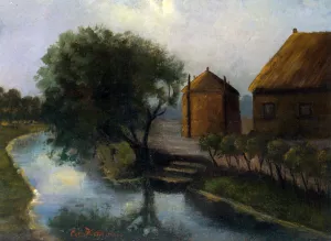 A Farm by a Stream by Eduard Karsen Oil Painting