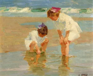 Girls Playing in Surf by Edward Potthast Oil Painting