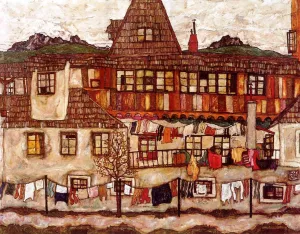 House with Drying Laundry by Egon Schiele Oil Painting