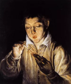 A Boy Blowing on an Ember to Light a Candle Soplon Oil painting by El Greco
