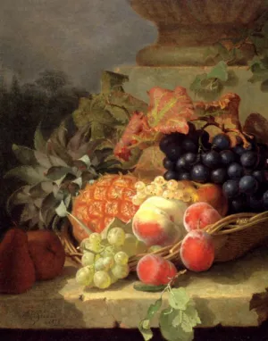 Peaches, Grapes and a Pineapple In a Basket, On a Stone Ledge by Eloise Harriet Stannard Oil Painting
