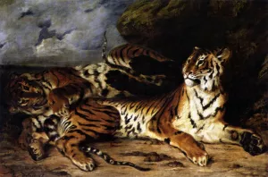 A Young Tiger Playing with its Mother by Eugene Delacroix Oil Painting