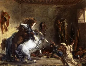 Arab Horses Fighting in a Stable by Eugene Delacroix Oil Painting