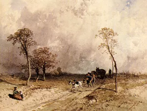 A Team Of Horses Pulling A Cart On A Path by Eugene Ciceri Oil Painting