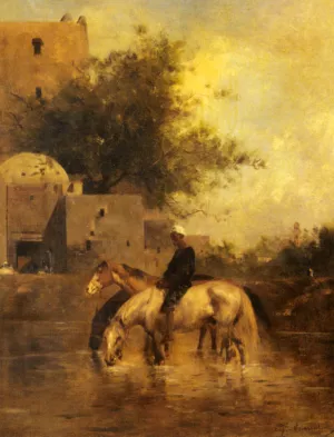 Horses Watering in a River by Eugene Fromentin Oil Painting