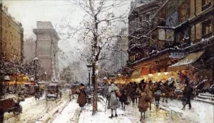 A Busy Boulevard Under Snow at Porte St. Martin, Paris by Eugene Galien-Laloue Oil Painting