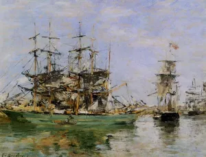 A Three Masted Ship in Port by Eugene-Louis Boudin Oil Painting