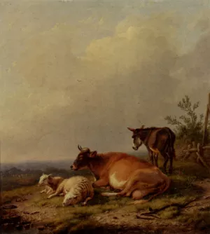 A Cow, A Sheep And A Donkey by Eugene Verboeckhoven Oil Painting