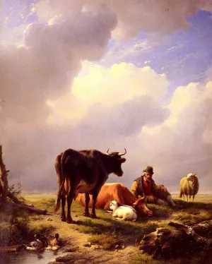 A Farmer At Rest With His Stock by Eugene Verboeckhoven Oil Painting