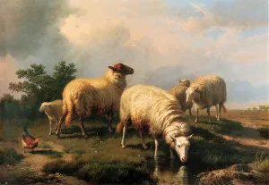 Sheep and a Chicken in a Landscape by Eugene Verboeckhoven Oil Painting
