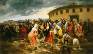 Leaving the Bull Ring in the Rain by Eugeno Lucas y Villamil Oil Painting
