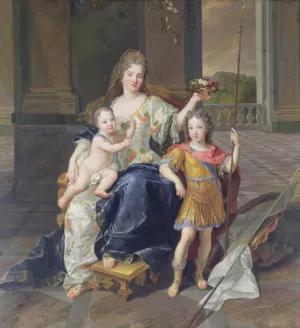 Portrait of the Duchess of La Fert-Senneterre with the future Louis XV on her lap by Francois De Troy Oil Painting