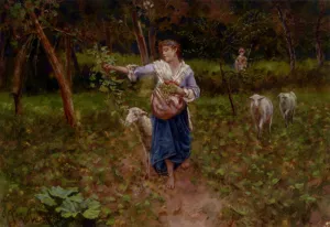 A Shepherdess in a Pastoral Landscape by Francesco Paolo Michetti Oil Painting
