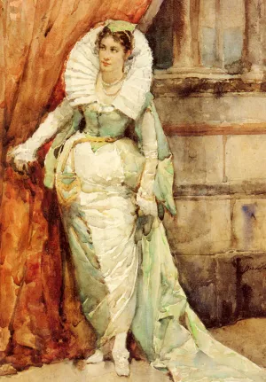 An Elegant Lady In Court Costume, With A Ruff, Full-Length by Francisco Pradilla y Ortiz Oil Painting