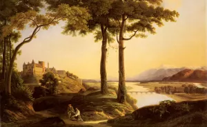 Figures in an Extensive River Landscape with a Castle Beyond by Francisque Schaeffer-Berger Oil Painting