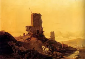 A Hill With An Arab Windmill Under Construction, A Town In The Distance by Francois Antoine Bossuet Oil Painting