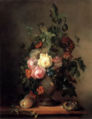 Roses, Morning Glory, Poppies and Tulips with Peaches anda Bird's Nest on a wooden Ledge by Francois-Joseph Huygens Oil Painting