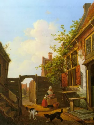 A Sunlit Courtyard with Mother and Child Peeling Vegetables by Francois Joseph Jr. Pfeiffer Oil Painting