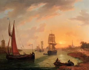 An Estuary with warious Shipping at Sunset by Frans Swager Oil Painting