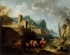 Seacoast with Travellers and a Town by Franz Ignaz Flurer Oil Painting