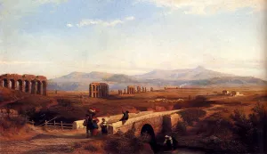 Peasants On A Bridge With Roman Ruins Beyond by Franz Knebel Oil Painting